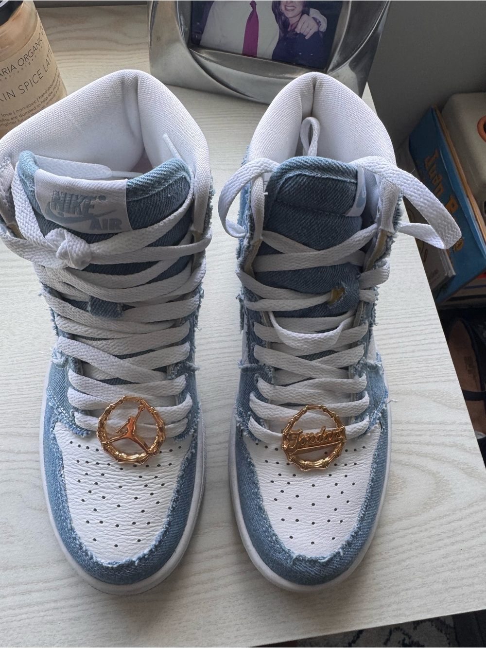 Nike High-Top Sneakers in White and Light Blue Denim